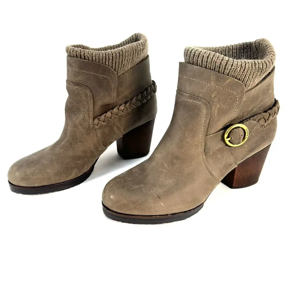 Fossil Grey Leather Slip On Ankle Boots Heeled Knit Ankle Womens Size 9